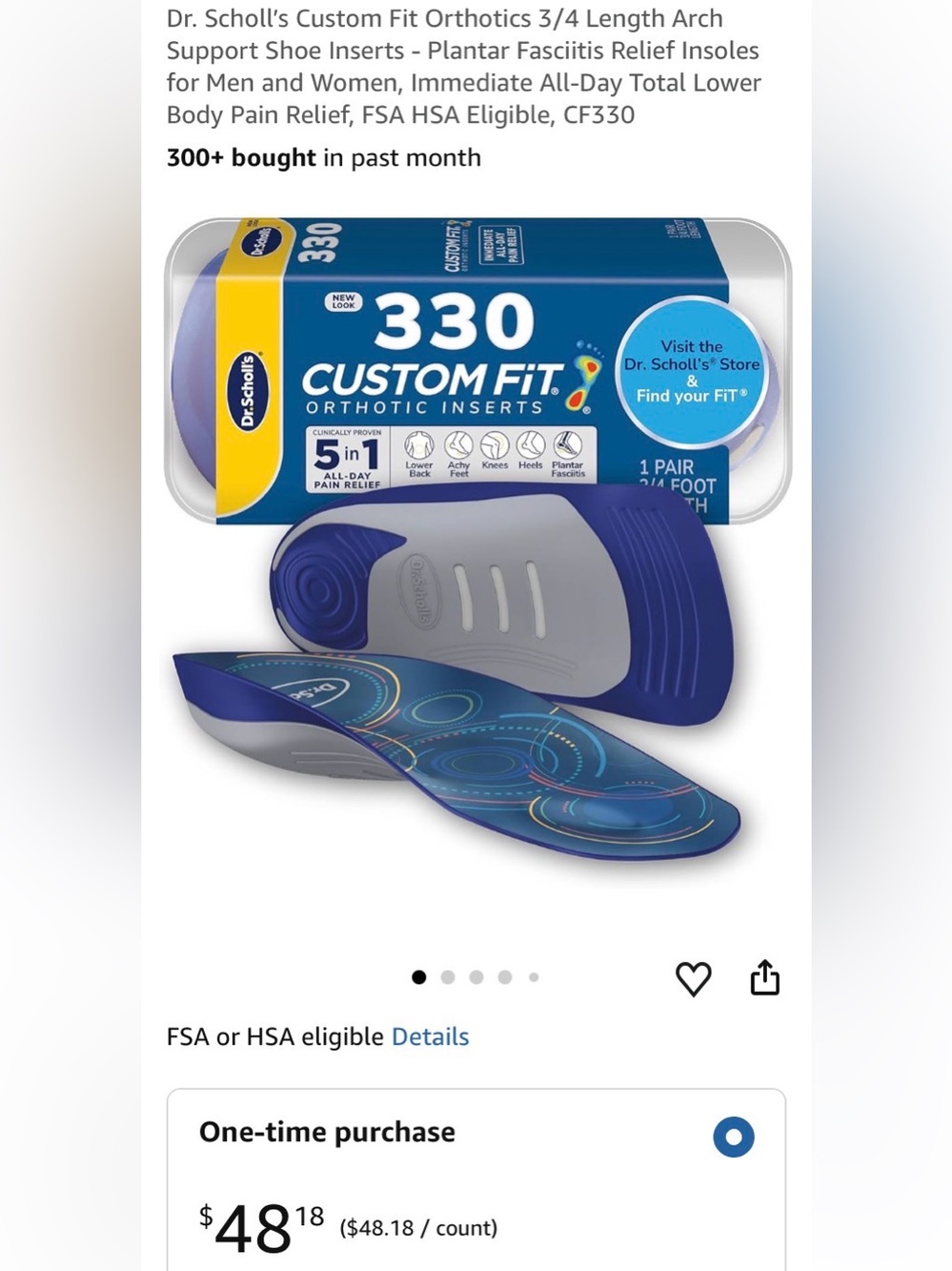 Dr. Scholl’s Custom Fit Orthotics 3/4 Length Arch Support Shoe Inserts